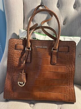 Michael Kors Cognac Croc-Embossed Leather Satchel